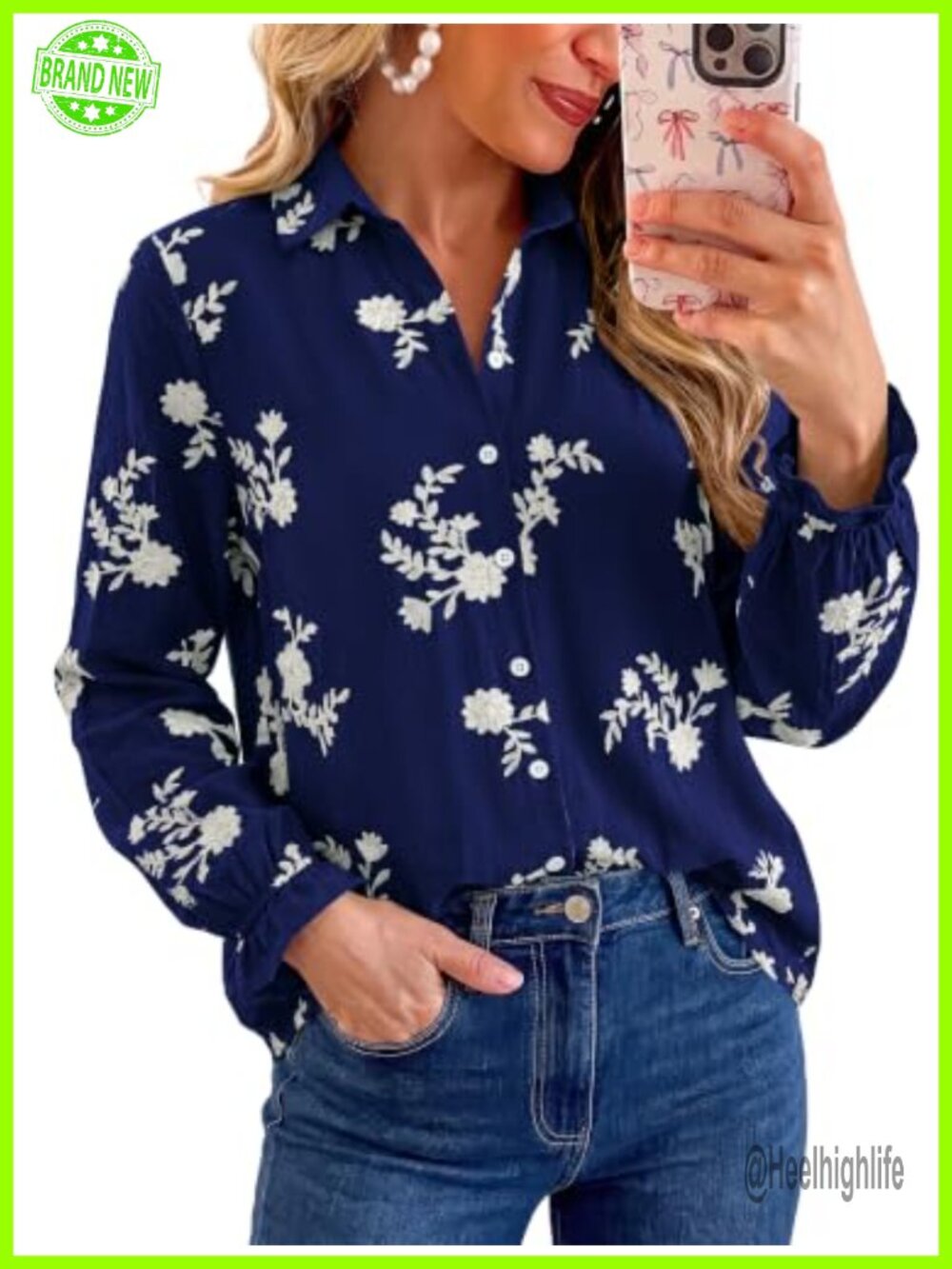 Boho Floral Embroidered Long Sleeve Blouse Button Down Puff Sleeve